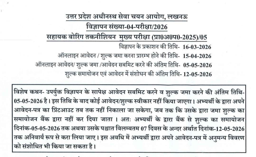 UPSSSC Assistant Boring Technician Recruitment 2026